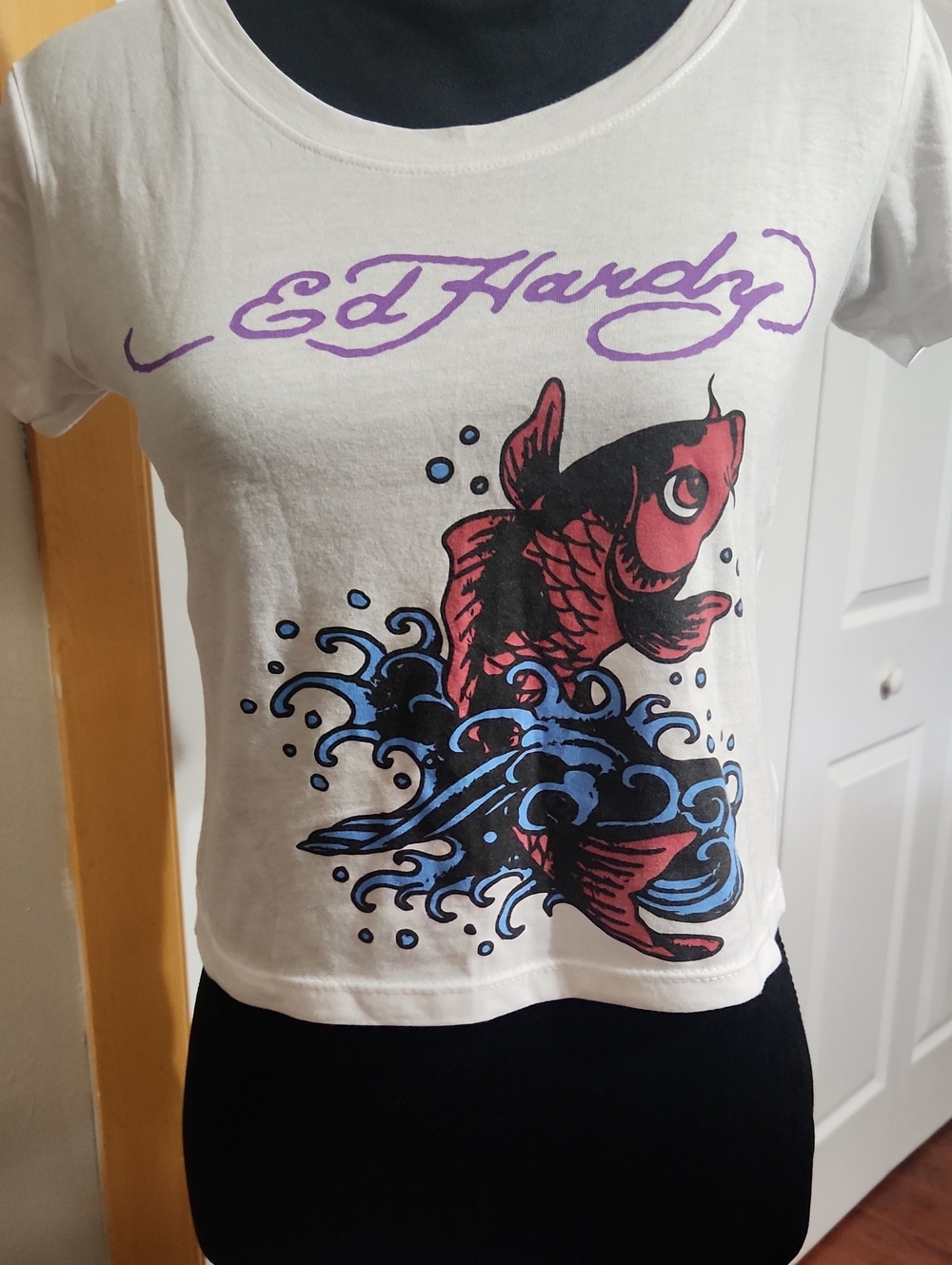 Ed Hardy White Crop Tee with Red Koi and Blue Wave Graphic